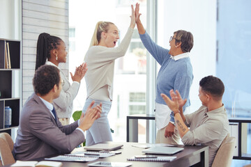 High five, business and people with meeting in office for staff or company feedback, project and...