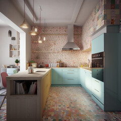 A whimsical kitchen with colorful mosaic tiles and smart appliances