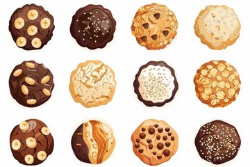 A collection of various types of cookies, including chocolate chip, banana nut