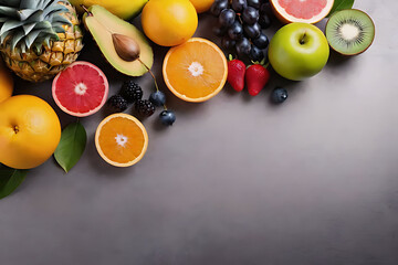 Fruits in copy-space background concept, big blank space. Place to adding text blank copy space. Colorful Orchard Fruit Bowl