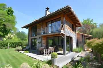 Modern contemporary illuminated house design exterior. Luxurious new construction home with panoramic windows, pool, patio