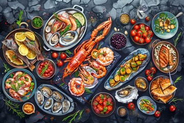 Bountiful Catch: A Sumptuous Seafood Platter Teeming with Shrimp, Lobster, and More