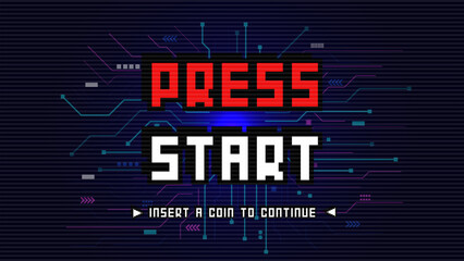 PRESS START INSERT A COIN TO CONTINUE .pixel art .8 bit game.retro game. for game assets in vector illustrations.technology background design.