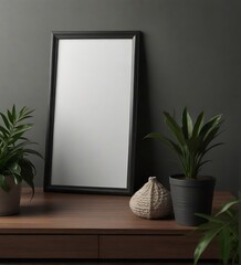 Mock up poster frame on commode with flowers in interior background, 3d render