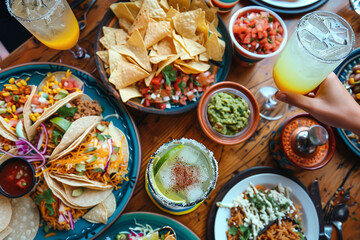 Top view of Mexican food assortment of tacos, guacamole, salsa and person's hand holding margarita drink at table, Generative AI