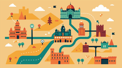 An antique map of a city its streets and landmarks labeled in a language long forgotten.. Vector illustration