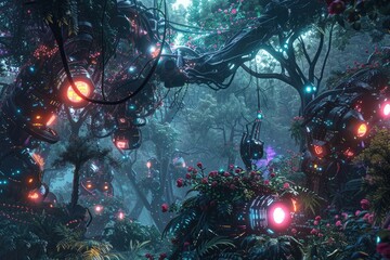 fantasy forest with flowers and trees in neon light
