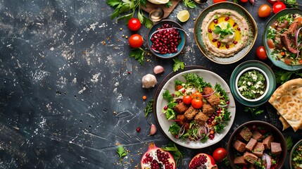 Assorted Middle Eastern Delights: Hummus, Tabbouleh, Falafel, and More on Rustic Background. Top View with Copy Space