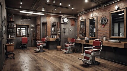 barber shop interior design with industrial architectural style and lots of mirror decorations and exposed walls with black colorway cool