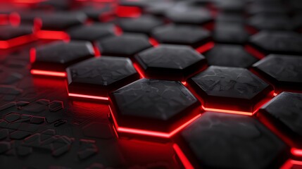 Fototapeta premium Abstract metallic red light on dark hexagon luxury background. Generative Ai