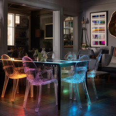An eclectic dining area with mismatched chairs and live music holograms