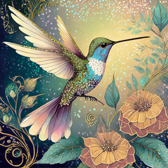 Fototapeta premium pattern with hummingbird and flowers 