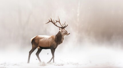 Portrait of a wildlife deer walking out of the fog. generative AI image