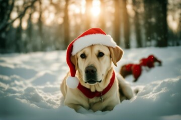 'hat santa labrador posing happy dog snow christmas new year pet background holiday winter merry...
