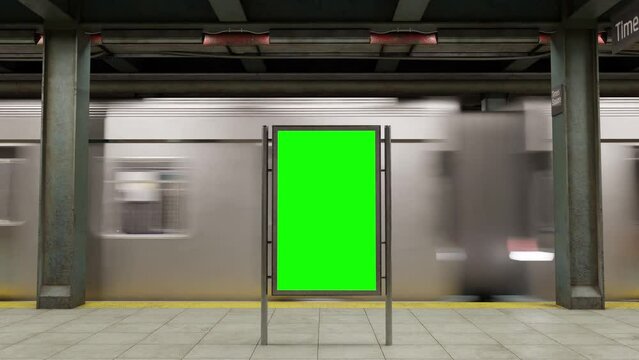 Empty billboard with a green screen for advertising on a subway station. 4k 3D animation 