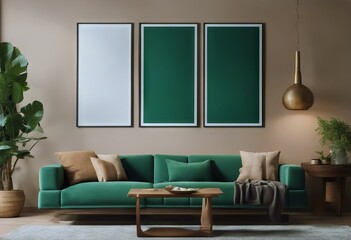 mockup living floor couch three green wooden room interior pot design frames Modern lamp poster
