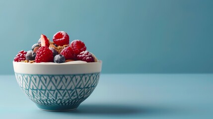 Vibrant Bowl of Yogurt and Fruit Muesli on Blue Background, Fresh and Energetic Breakfast Concept