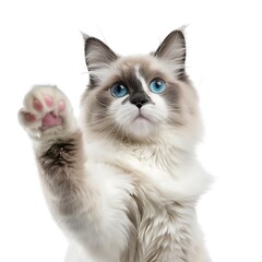 Beautiful adult mink Ragdoll cat, standing facing camera. Looking straight in lense with mesmerising aqua greenish eyes. One paw playful lifted. Isolated on a white background. Generative Ai