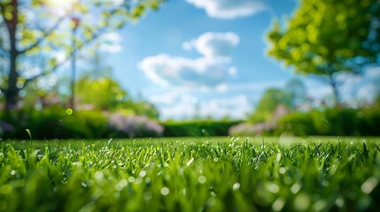 Beautiful blurred background image of spring nature with a neatly trimmed lawn surrounded by trees against a blue sky with clouds on a bright sunny day. Generative Ai