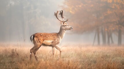Fototapeta premium Portrait of a wildlife deer walking out of the fog. generative AI image