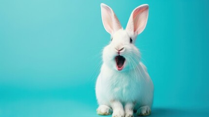 Cute expression animal rabbit white color smiling isolated blue background, copy space