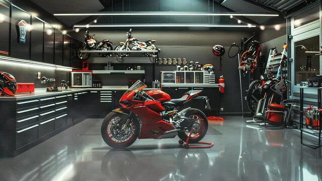 Animation clean motorcycle garage. seamless 4k video looping background. generated with ai