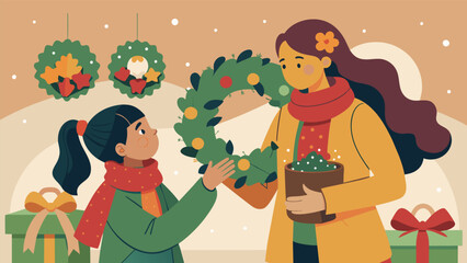 Naklejka premium A mother and daughter picking out natural and biodegradable wreaths made from locally sourced materials at a holiday market.. Vector illustration