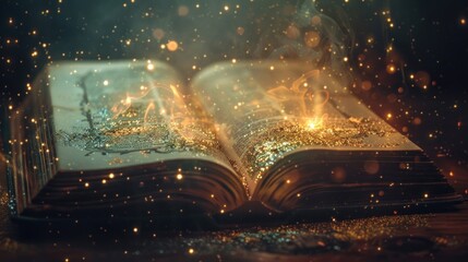 Open old book with magic lights on the table with glitter blurred on dark background. generative AI