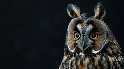 Close up of head owl long-eared on a black background. generative AI image