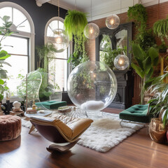 An eclectic living room with transparent bubble chairs and lush greenery 