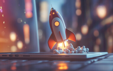 Rocket coming out of laptop screen, Startup and innovation and creativity concept, 3d illustration.
