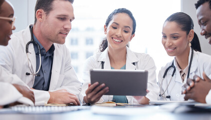 Smile, doctors and team on tablet for planning research, healthcare or people in discussion in...