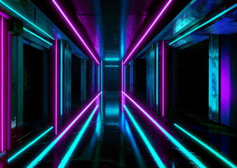Empty dark tunnel with neon purple blue lights in cyberpunk style, spaceship, cement floor, science fiction