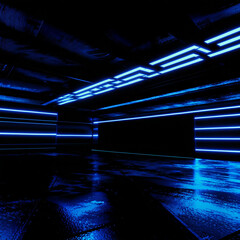 Empty dark hall with neon blue lighting in cyberpunk style, cement floor, brick walls, spaceship, science fiction