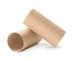 Side view of brown tissue paper cores in stack isolated on white background with clipping path