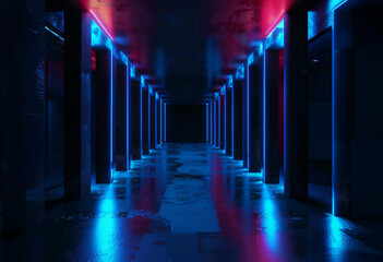 Dark long hall in a parking lot with columns illuminated by neon lights, red and blue futuristic colors.