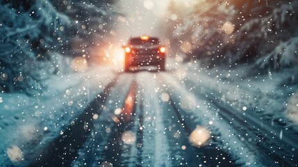 Portrait of car running in winter with falling snow. generative AI image