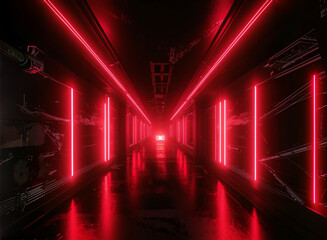 Empty dark hallway with neon red lighting in cyberpunk style, cement floor, spaceship, science fiction