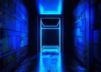 Empty dark hallway with neon blue lighting in cyberpunk style, cement floor, brick walls, spaceship, science fiction