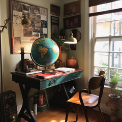 An eclectic workspace with a standing desk and vintage globe lighting