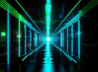 Empty dark tunnel with neon blue-green lighting in cyberpunk style, spaceship, cement floor, science fiction