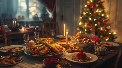 Fototapeta premium Joyful Christmas Feast: Abundant Dinner Table & Festive New Year Decor, Featuring a Christmas Tree Backdrop