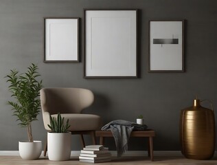 Three mockup banners on the grey wall of the dark waiting room interior with half open low shelf, two armchairs and coffee table. A concept of modern house design. 3d rendering
