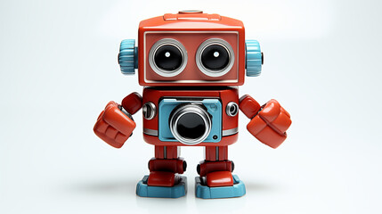 Fototapeta premium Cheerful-looking robot toy with a vintage design. The robot is primarily red with a bit of silver trim, and it has large, round black eyes that give it an expressive look.