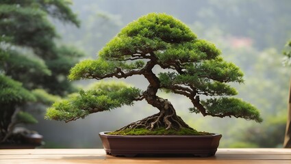 A realistic beautiful bonsai tree in natural garden