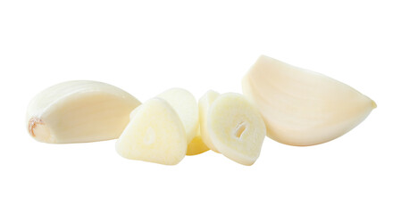 Top view of peeled garlic cloves with slices in stack isolated with clipping path in png file format