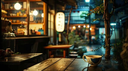 Fototapeta na wymiar Nighttime Serenity: Enjoying Cozy Japanese Cuisine in Ambient Light