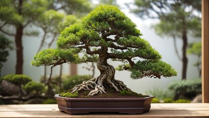 A realistic beautiful bonsai tree in natural garden