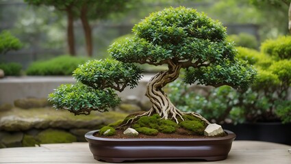A realistic beautiful bonsai tree in natural garden
