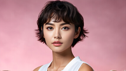 Timeless Elegance: Pixie Cut on Beautiful Asian Woman, Radiant Beauty: Hairstyle for Stunning Lady, Graceful Charm: Enhancing Beauty, Effortless Sophistication: Asian Beauty with Pixie Haircut